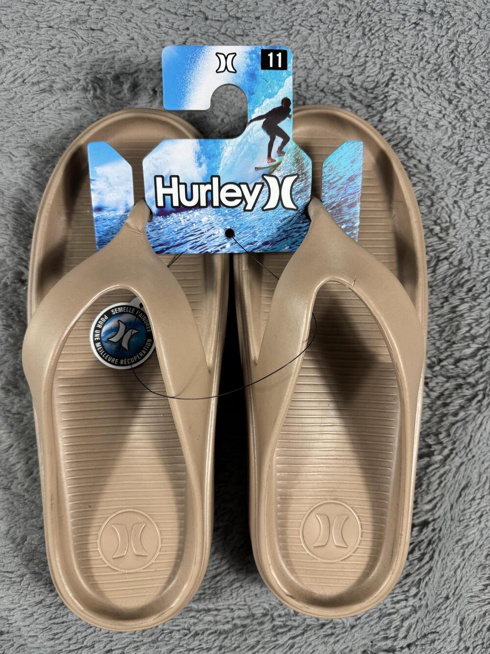 Hurley Flip Flop Sandals Men's Size 11 Beige Synthetic Logo Strap Beach Casual
